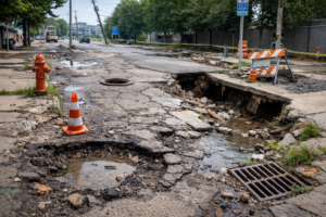 damaged urban street with infrastructure issues